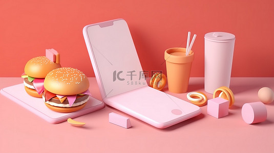 在线食品配送概念 3d 手机渲染，背景上有食品和订购按钮，以卡通风格说明