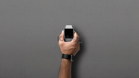 手表样机背景图片_3D 渲染插图，显示一只卡通手戴着黑色表带智能手表，另一只手在灰色背景下触摸空的模型屏幕