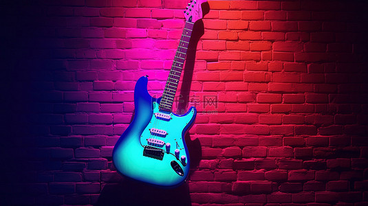 爵士夜背景图片_霓虹灯点亮的 3D 插图展示了砖墙上的电吉他