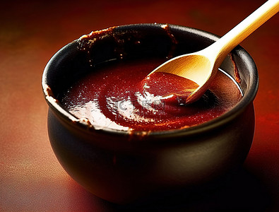 深红色的桌子上放着一锅调味酱