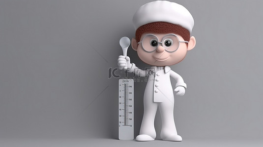 健康护士医生背景图片_卡通医生角色在 3D 渲染中持有空白温度计模型