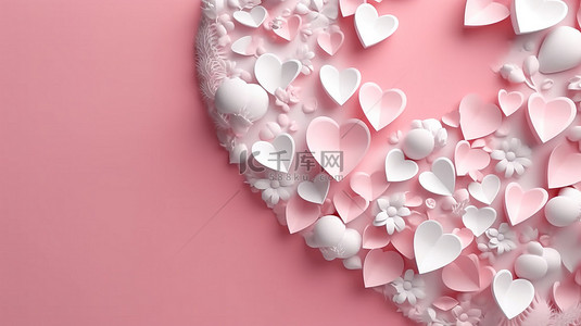 爱乐背景图片_情人节极乐异想天开的纸艺术，带有粉色和白色的心和背景 3D 可视化