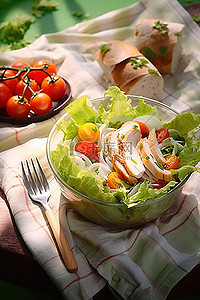 沙拉沙拉背景图片_鸡肉沙拉沙拉配西红柿和绿叶在碗里