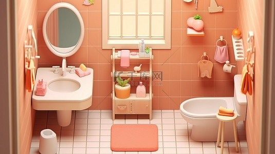 可爱水槽背景图片_可爱卡通浴室内部的等距 3D 渲染