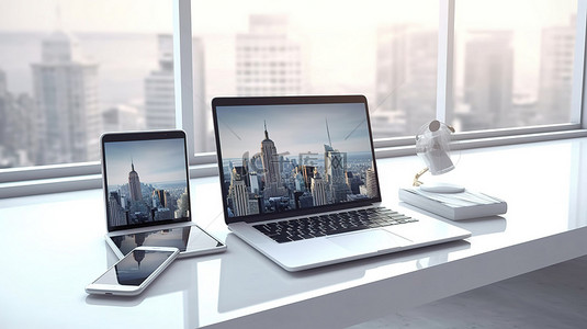 现代科技小玩意笔记本电脑手机和平板电脑在时尚的白色办公桌上 3D 渲染