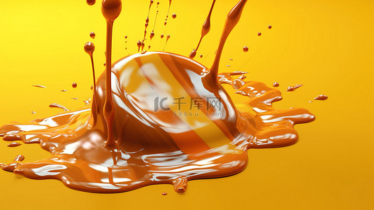 金色油背景图片_令人眼花缭乱的焦糖在 3D 渲染的充满活力的黄色背景上爆裂