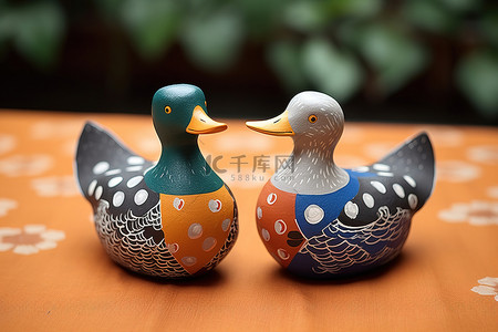鸭背景图片_其中两只不同颜色的鸭子坐在蓝色床单上