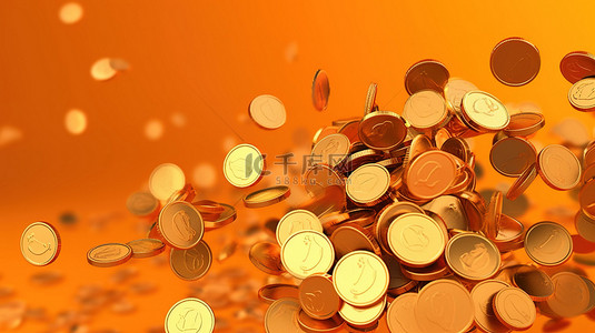 汹涌的 3D 金币层叠在充满活力的橙色背景上，打造奢华或赌博财富主题
