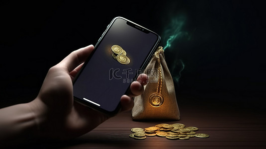 数字支付警报 3d 手通过短信通知将硬币扔进钱袋