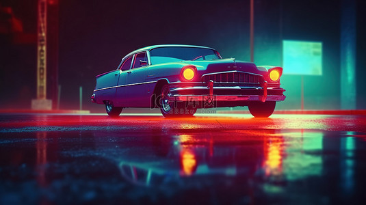 霓虹灯气雾雨和湿沥青上夜间颜色反射中复古汽车的 3D 插图