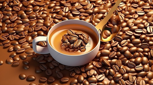 品尝一杯热咖啡，周围环绕着现实咖啡豆的海洋 3D 渲染的平躺背景