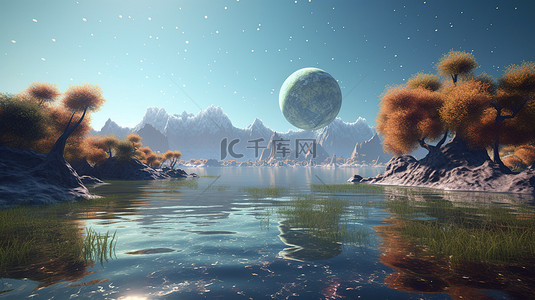 山区星空背景图片_未来 3D 景观中的行星湖