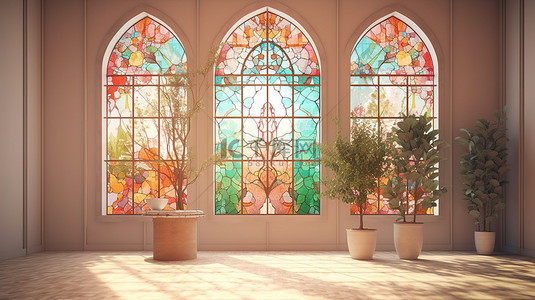 带彩色玻璃窗植物和产品讲台的阳光照射房间的室内绿洲 3D 渲染