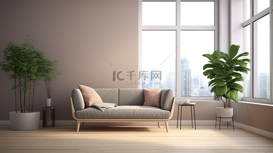 单人简约沙发背景图片_简约的内饰，配有单人沙发和宽敞的窗户，3D 渲染