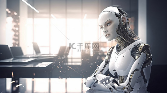 令人惊叹的 3D 渲染中的办公室思维女性机器人或机器人