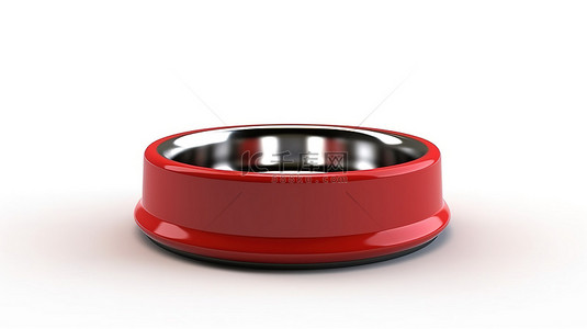 白色背景 3D 渲染一个空的红色塑料碗，非常适合狗猫或其他宠物