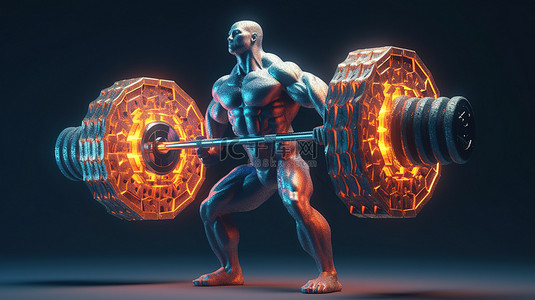 健身人物形象背景图片_3D 插图显示一个强壮肌肉发达的人在 chainlink 加密健身房举起沉重的杠铃