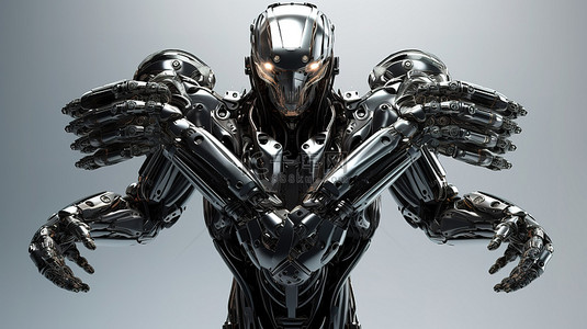 拥抱科技背景图片_半机械人通过 3D 渲染中的三个机械臂拥抱未来技术