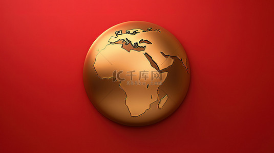 非洲地球会徽闪亮的金色地球在红色哑光金盘 3D 社交媒体图形上