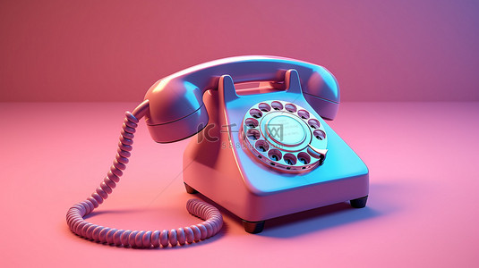 复古粉色电话，带有蓝色 3D 渲染的扭曲