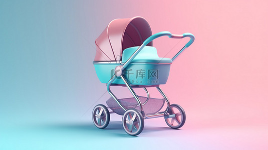粉色和蓝色背景的当代双色调婴儿车和婴儿车模型