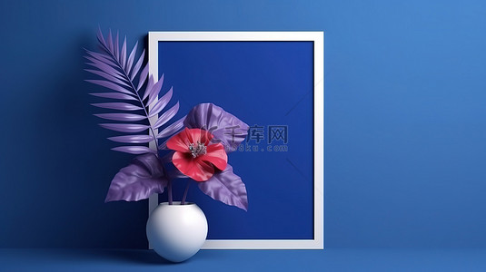 带有单个海报框和花卉植物的皇家蓝色背景的 3d 渲染