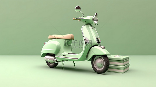 带有柔和绿色摩托车的手机的 3D 插图，用于在线送货服务