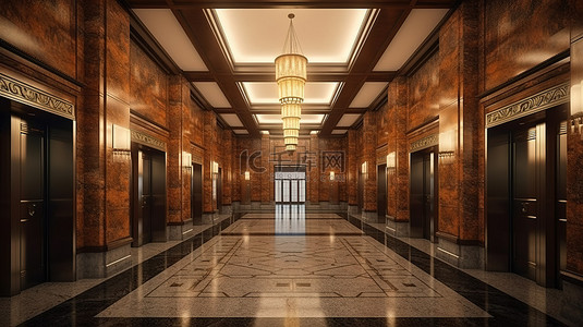 酒店大堂背景背景图片_精致的电梯大堂配有棕色大理石金属装饰和宏伟的柱子 3D 渲染