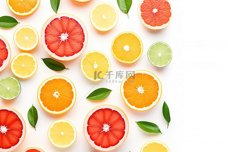 白色背景中的十个葡萄柚橙子和酸橙