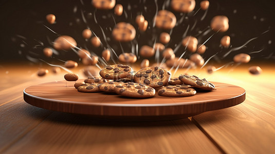 筹码巧克力背景图片_巧克力片层叠到圆形木托盘板上的 3D 插图