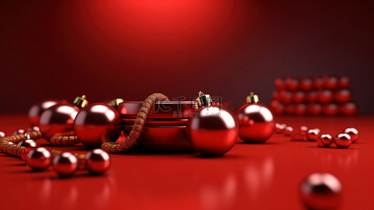 红色背景下圣诞玩具的节日 3D 渲染，祝圣诞快乐，新年快乐