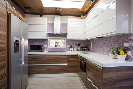 厨房白色背景图片_一个小厨房，配有小冰箱白色橱柜和天花板上的木瓦