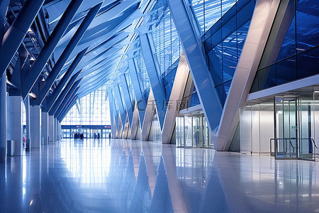 会展中心背景图片_具有现代玻璃建筑的机场内部