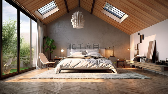 令人惊叹的 3D 渲染的当代阁楼卧室内饰