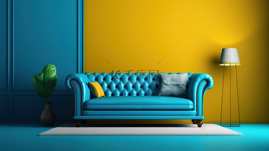 3D 渲染的微型客厅配有蓝色沙发