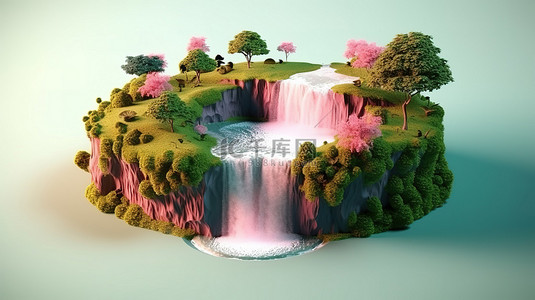 以岛屿树木和瀑布为特色的粉红色皇冠景观的 3D 插图