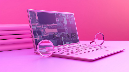 审核通过背景图片_粉红色背景，带有搜索栏和笔记本电脑，通过网络概念 3D 插图探索网络上的信息