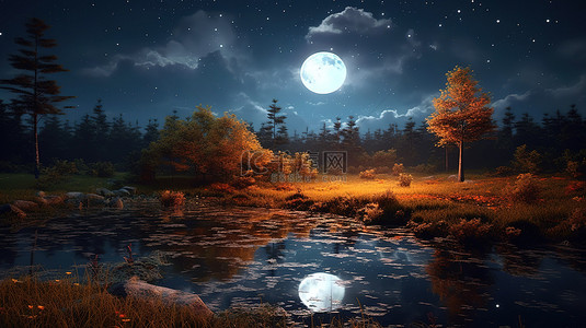 风景夜景背景图片_月光下的秋天风景宁静美丽的 3D 插图
