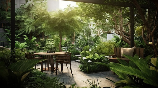 小品家中背景图片_3D 渲染的花园绿洲是您家中或咖啡店的宁静休憩之所