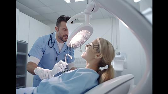 牙医和助理使用口内 3D 扫描仪扫描患者的牙齿