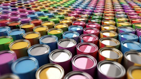 彩色油漆刷背景图片_油漆刷和盖子与多彩多姿的罐子的 3D 渲染