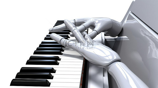键盘打字的手背景图片_隔离在机器人手打字或弹钢琴的白色 3D 渲染上