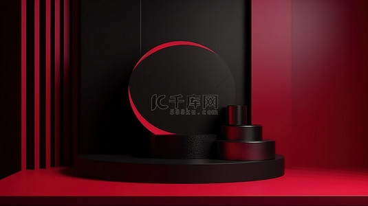 黑色星期五展示时尚黑色讲台的抽象 3D 渲染，带有大胆的黑色和红色背景，用于产品展示模型