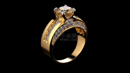 黑色背景隔离金钻石戒指的 3D 渲染