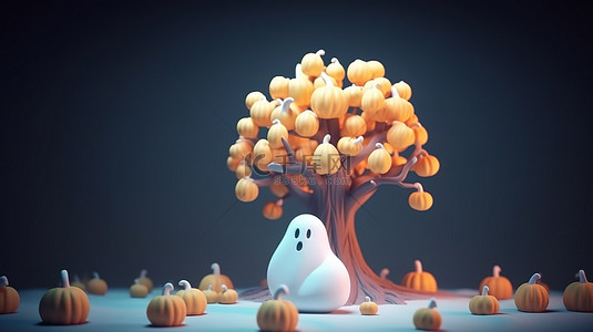 万圣节主题 3D 渲染卡通风格树与糖果鬼和南瓜