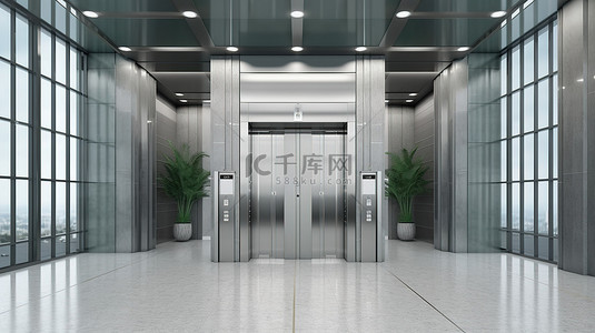 收款码牌样机背景图片_办公楼内带金属门和空白广告牌海报的现代电梯的特写 3D 渲染