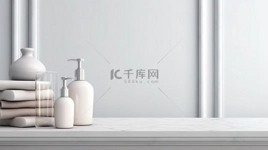 浴室内部背景中展示的化妆品的 3D 插图