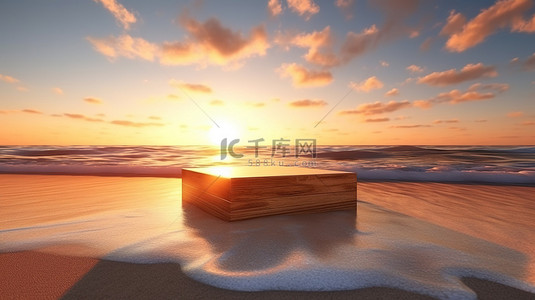 热带海水背景图片_海滩景观日落时木制底座的 3D 渲染