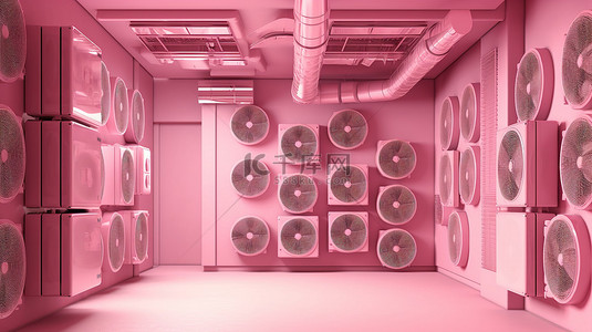 粉红色建筑的 3D 渲染，具有适用于各种室内空间的多单元空调系统