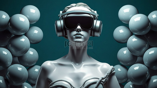 戴着虚拟现实护目镜的雕刻女性头像，周围环绕着球体